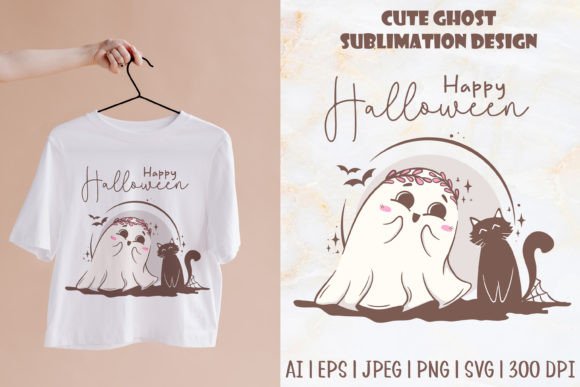 Cute Ghost with Cat Graphics for T-Shirt Designs